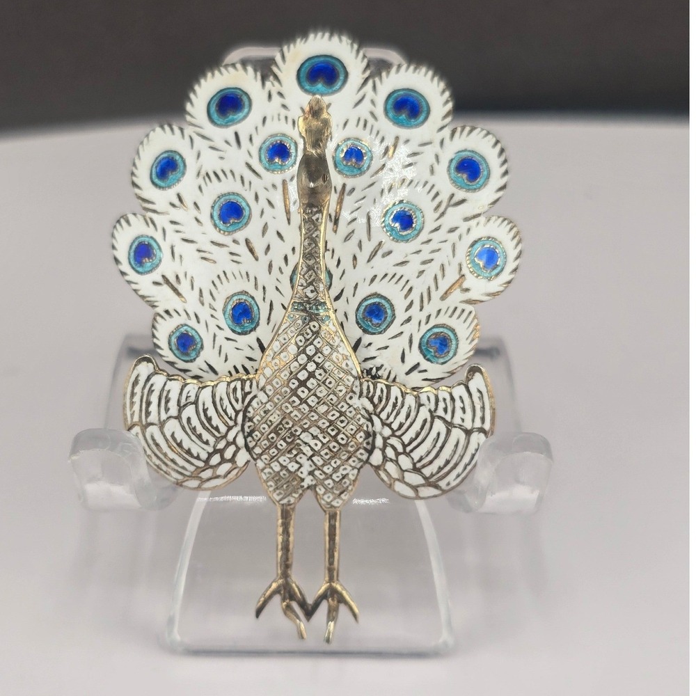 Vintage Siam Sterling Peacock Brooch White Blue Enamel Sterling